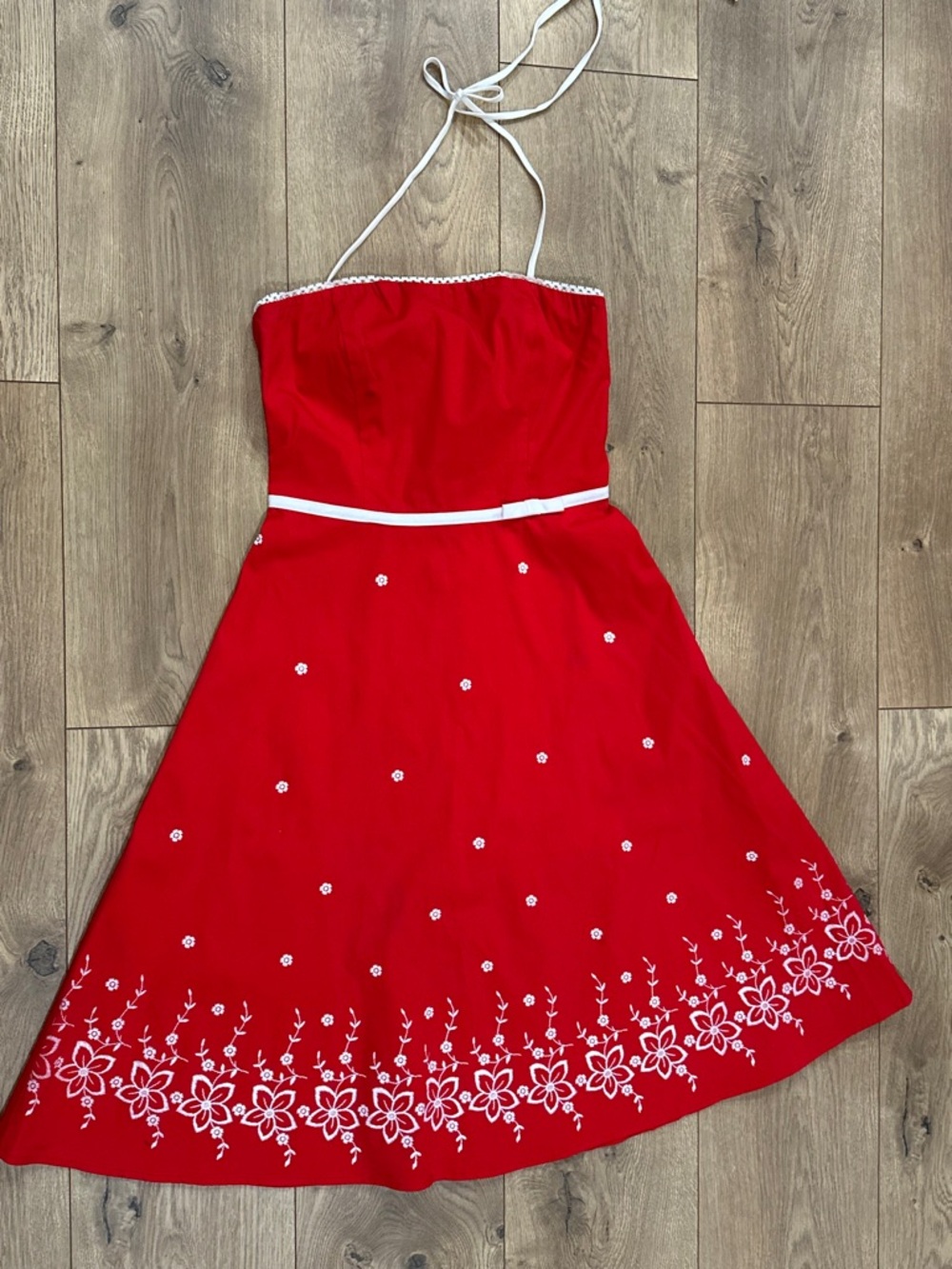 Red Halter A-Line Dress with White Floral